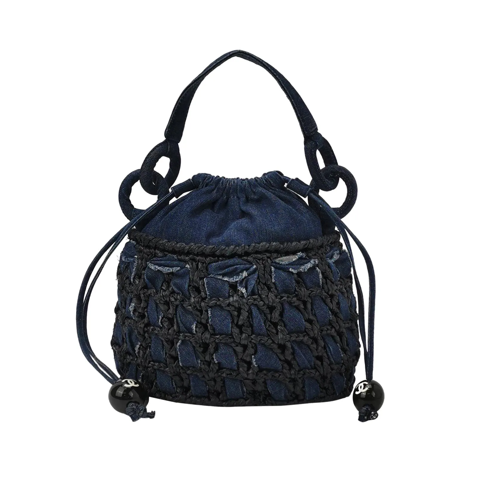 Chanel Drawstring Handbag Woven Denim and Straw