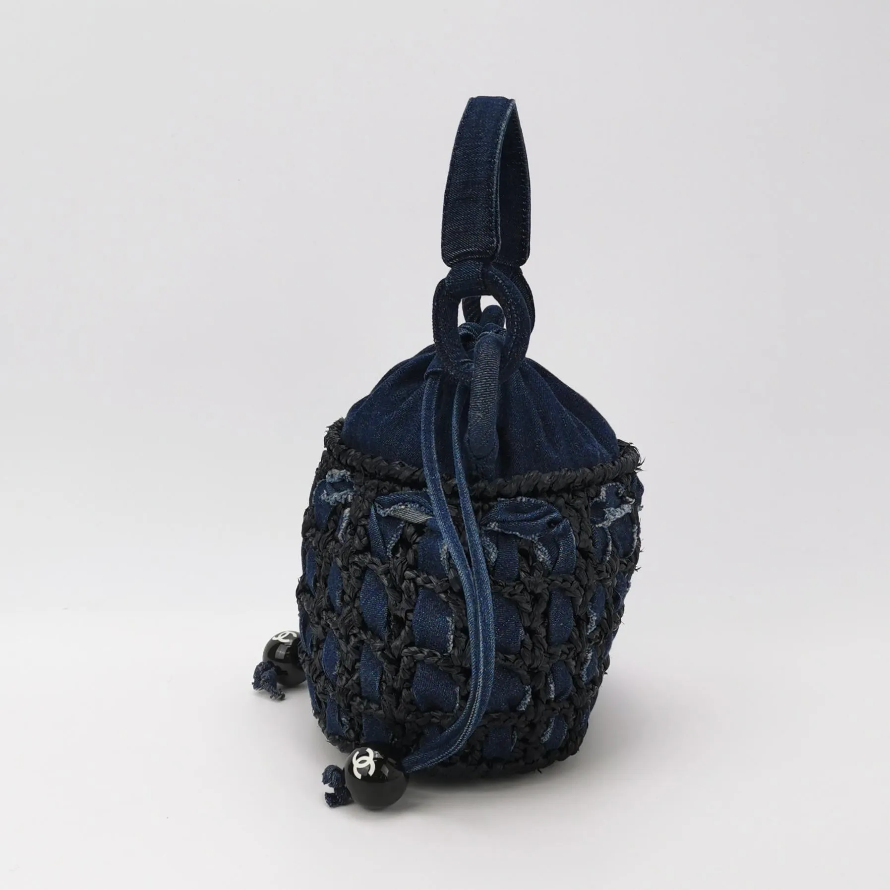 Chanel Drawstring Handbag Woven Denim and Straw