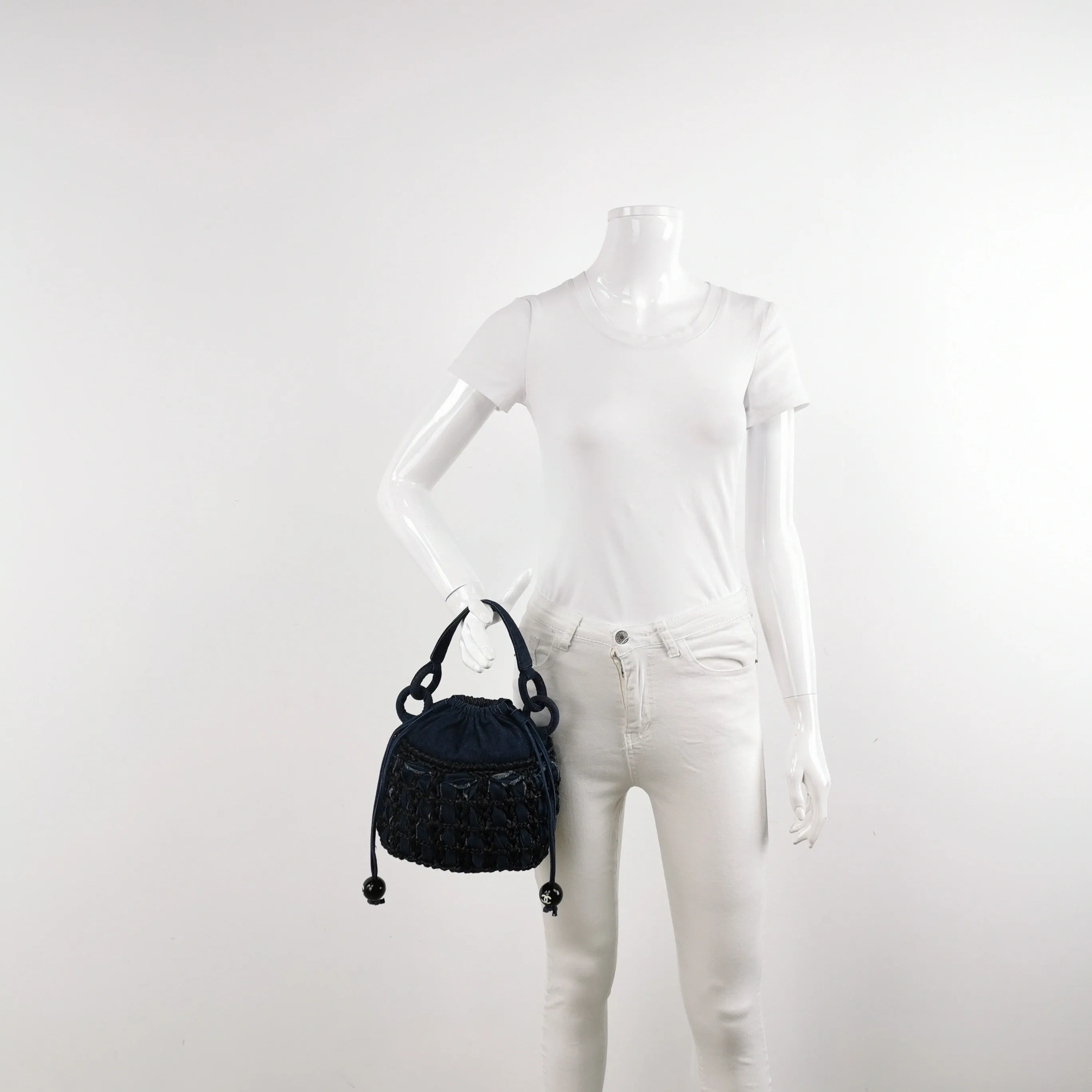 Chanel Drawstring Handbag Woven Denim and Straw