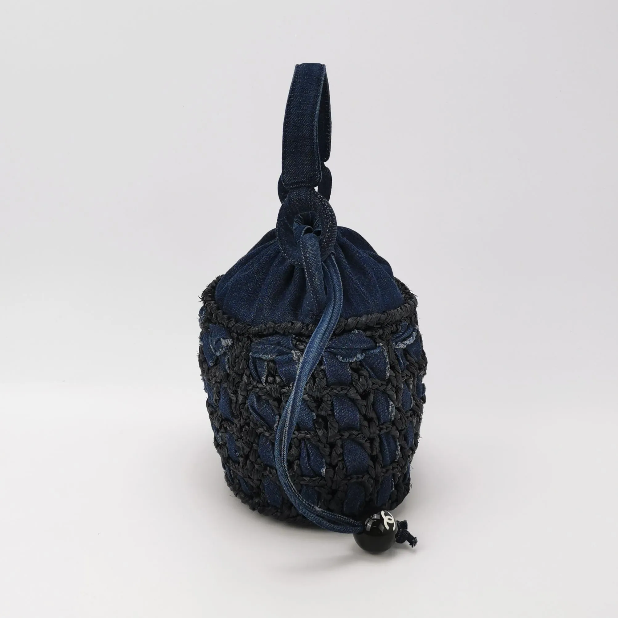 Chanel Drawstring Handbag Woven Denim and Straw