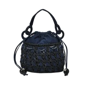 Chanel Drawstring Handbag Woven Denim and Straw