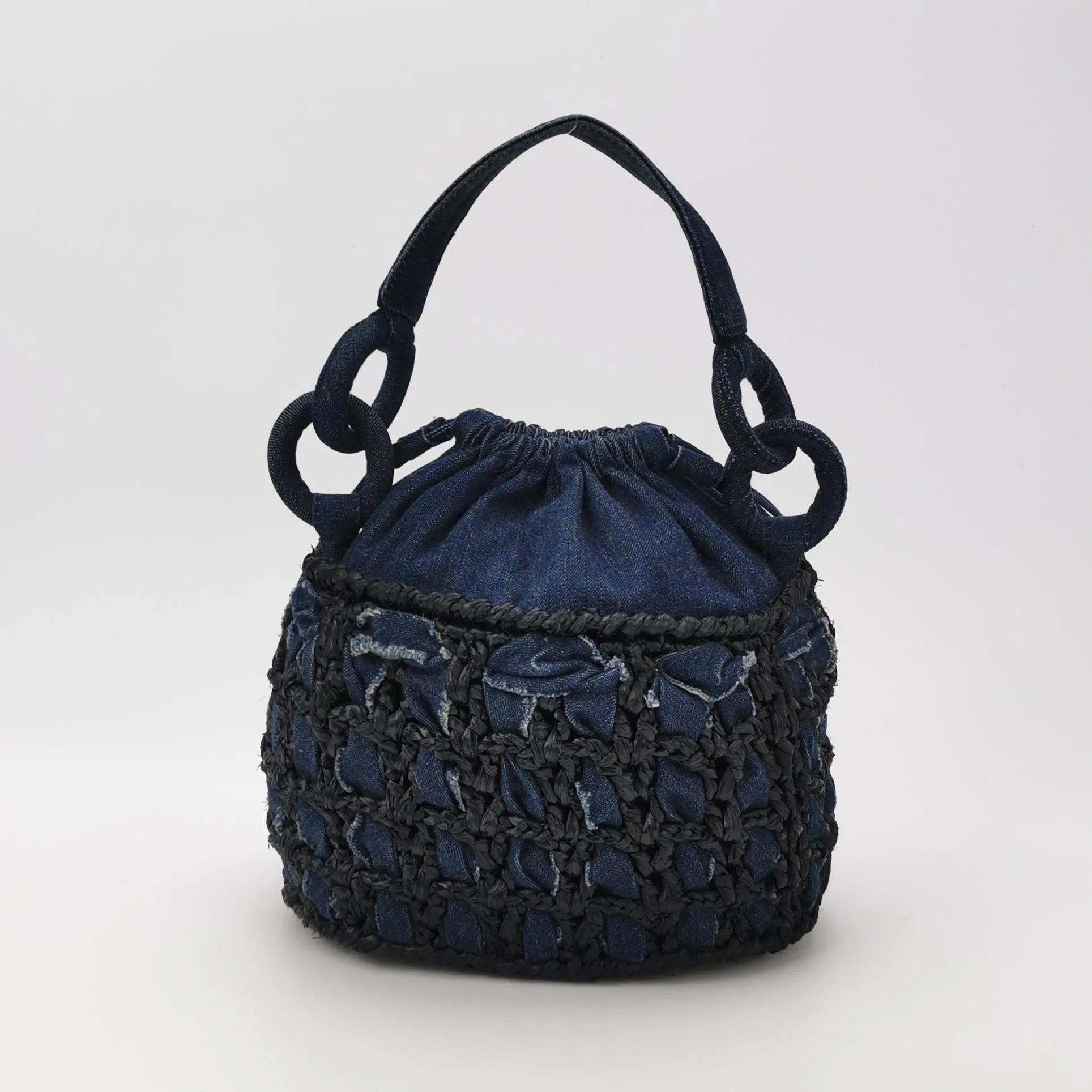 Chanel Drawstring Handbag Woven Denim and Straw