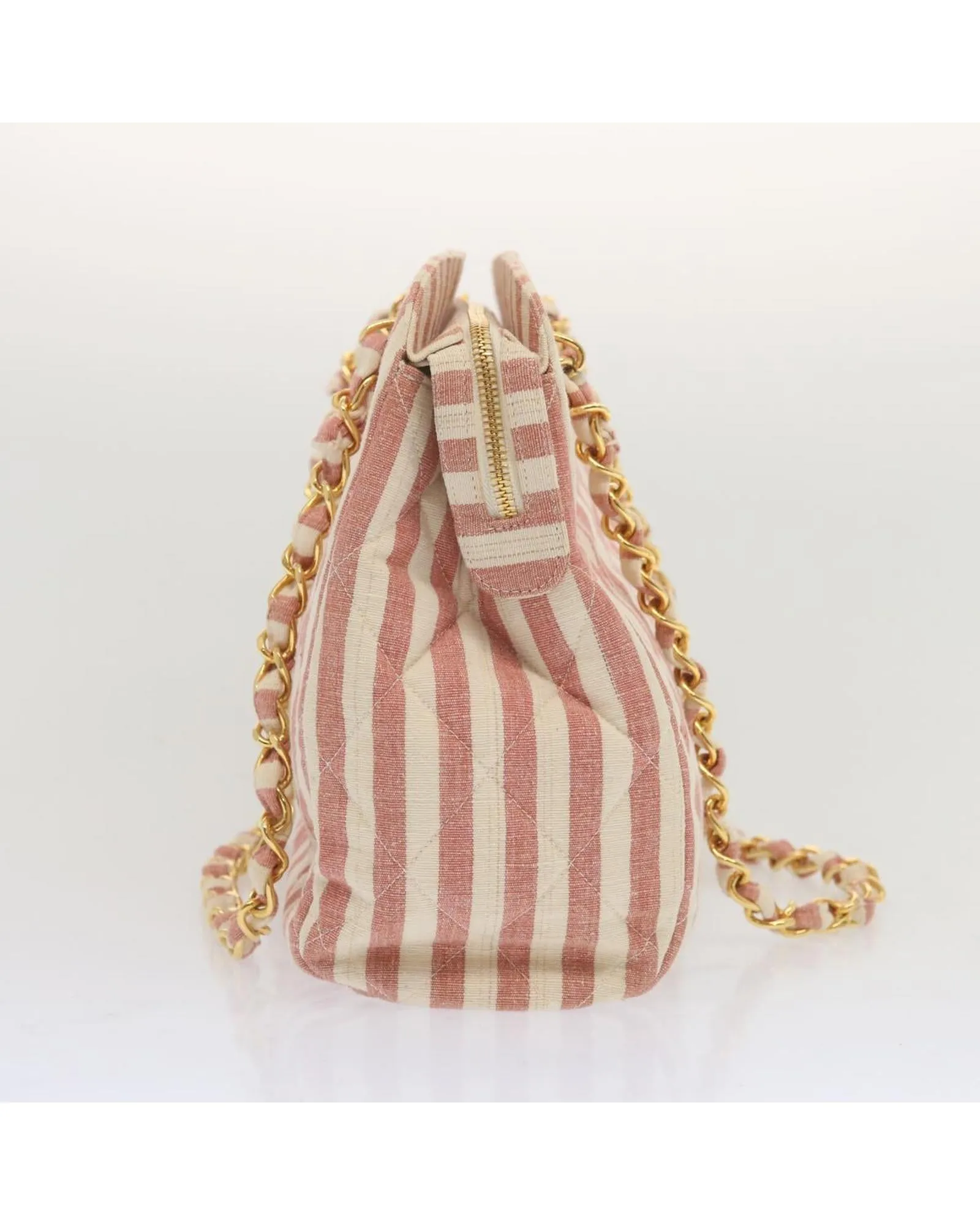 CHANEL Quilted Striped Shoulder Bag Model Pink and White