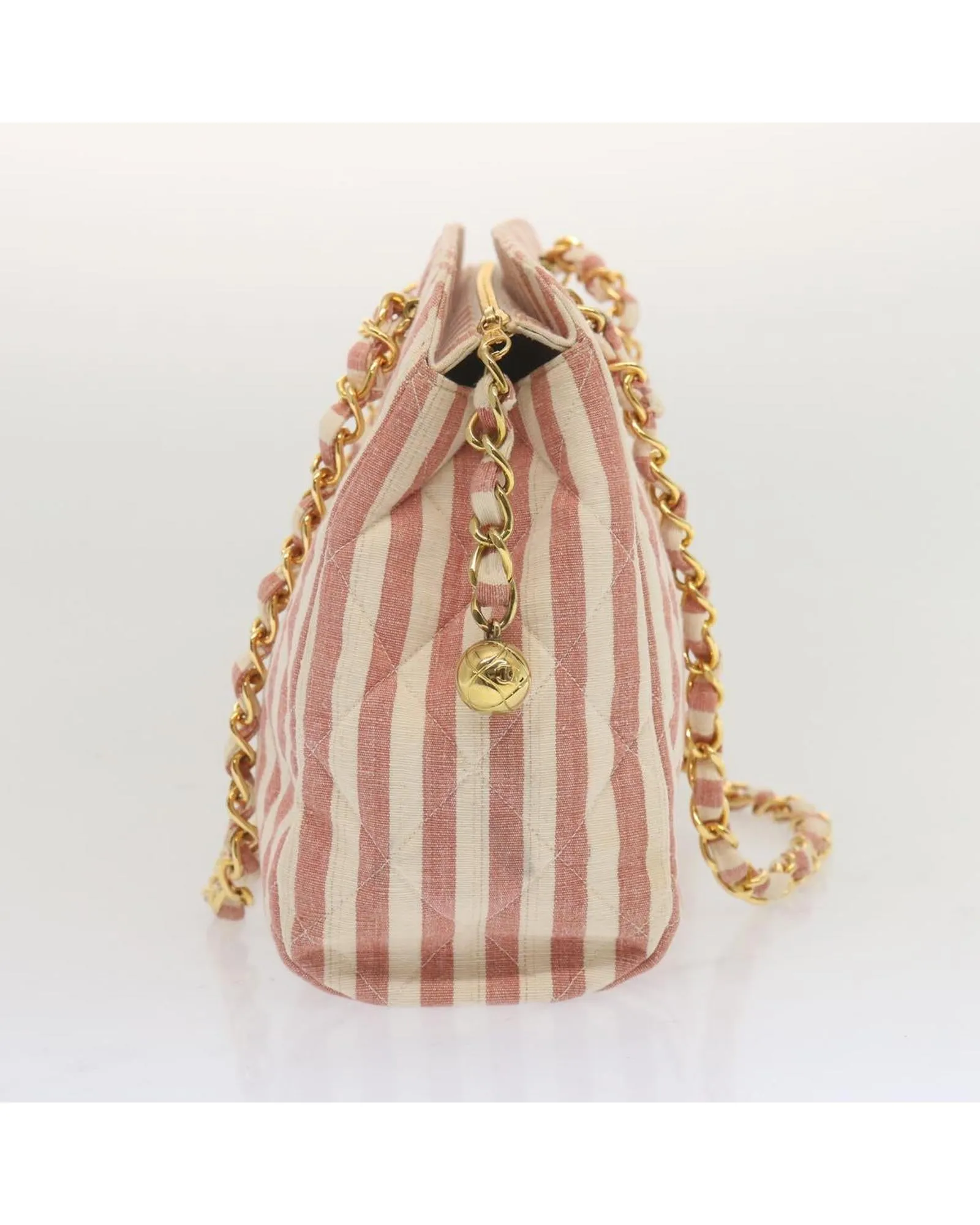 CHANEL Quilted Striped Shoulder Bag Model Pink and White
