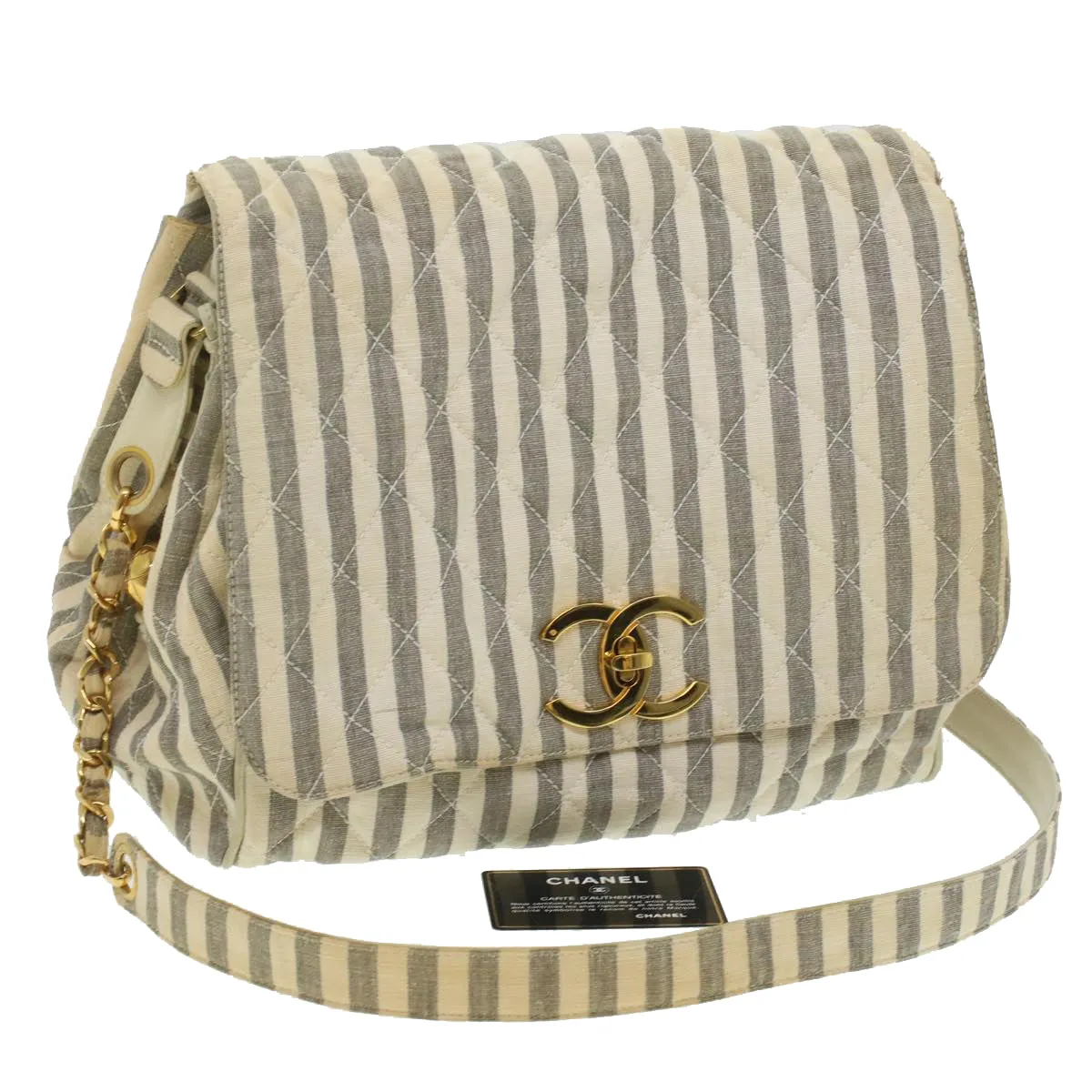CHANEL Striped Matelasse Chain Shoulder Bag Canvas White Gray CC bs3642