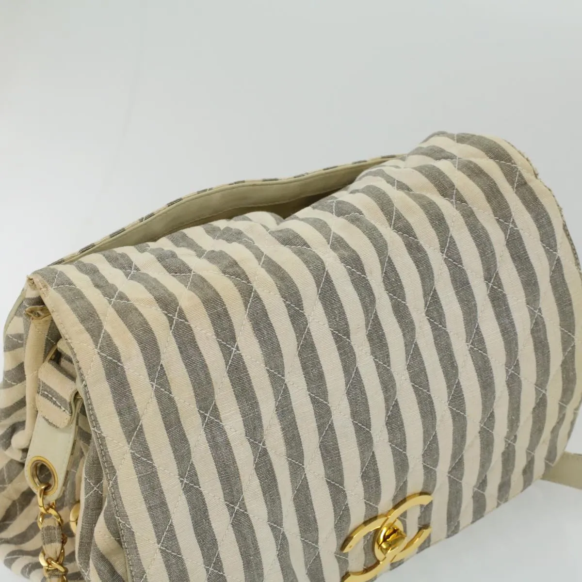 CHANEL Striped Matelasse Chain Shoulder Bag Canvas White Gray CC bs3642