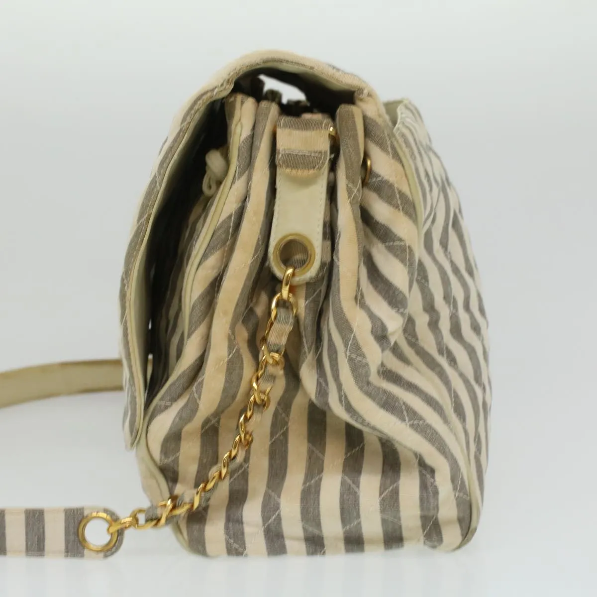 CHANEL Striped Matelasse Chain Shoulder Bag Canvas White Gray CC bs3642