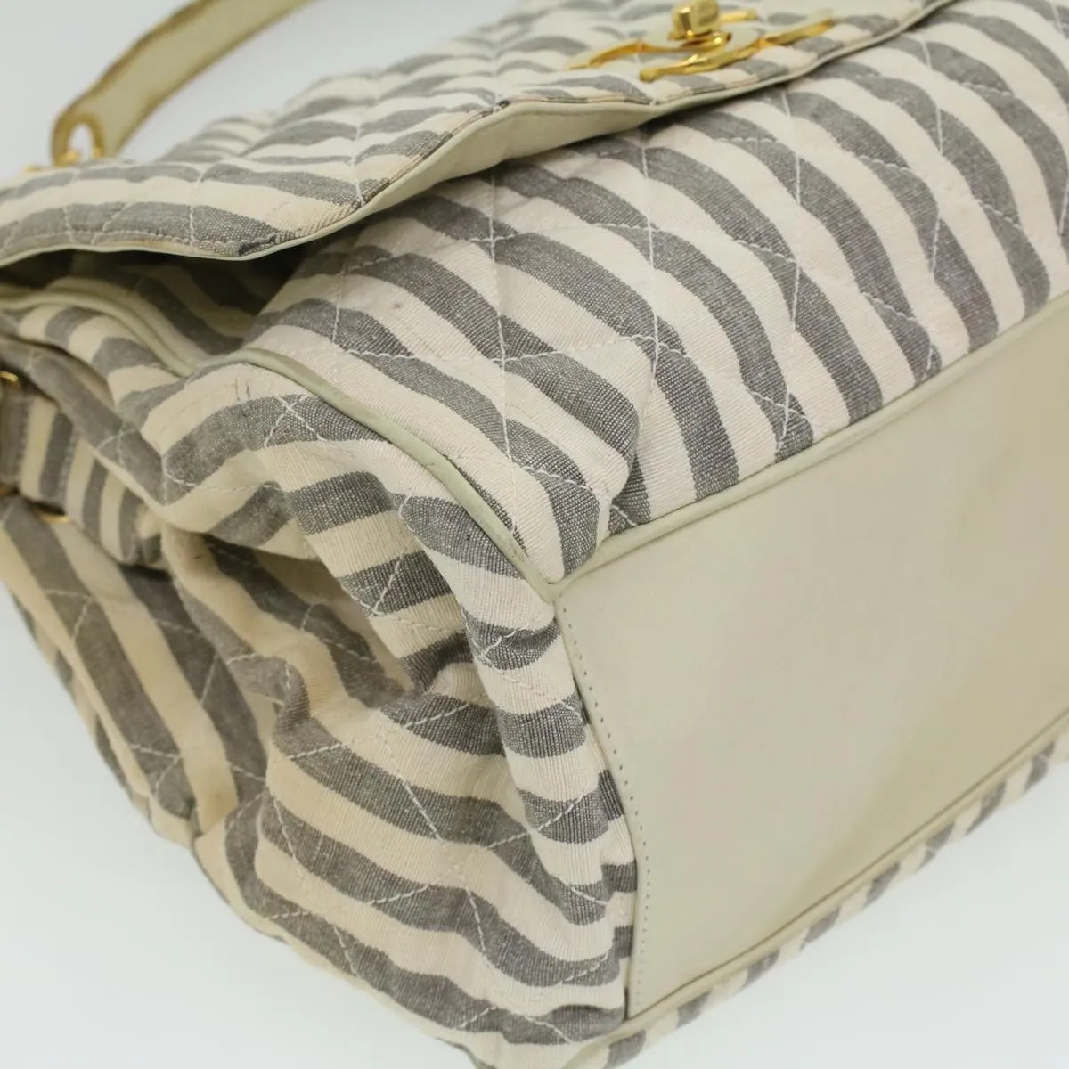 CHANEL Striped Matelasse Chain Shoulder Bag Canvas White Gray CC bs3642
