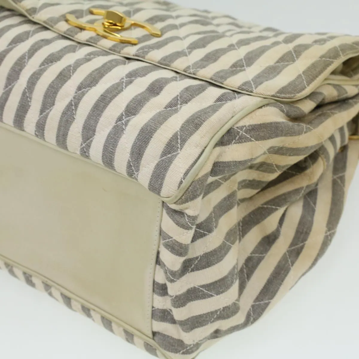 CHANEL Striped Matelasse Chain Shoulder Bag Canvas White Gray CC bs3642