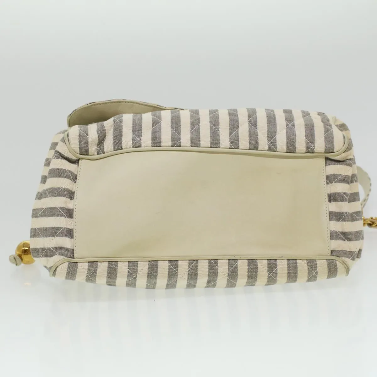 CHANEL Striped Matelasse Chain Shoulder Bag Canvas White Gray CC bs3642