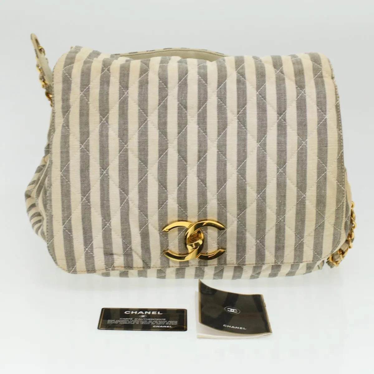 CHANEL Striped Matelasse Chain Shoulder Bag Canvas White Gray CC bs3642