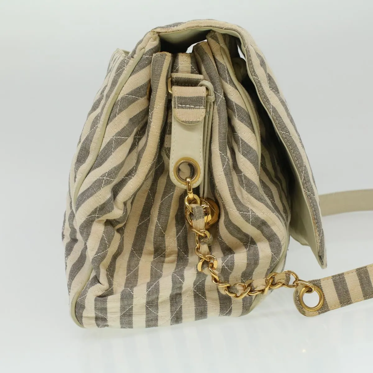 CHANEL Striped Matelasse Chain Shoulder Bag Canvas White Gray CC bs3642