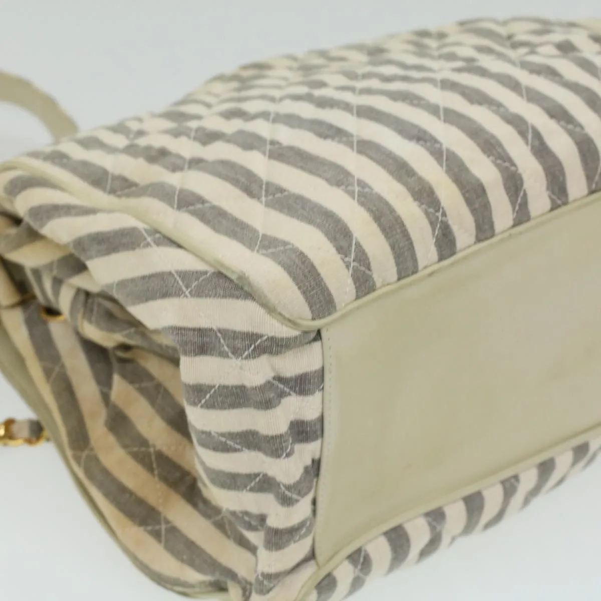 CHANEL Striped Matelasse Chain Shoulder Bag Canvas White Gray CC bs3642