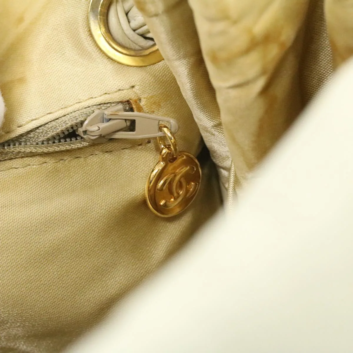 CHANEL Striped Matelasse Chain Shoulder Bag Canvas White Gray CC bs3642