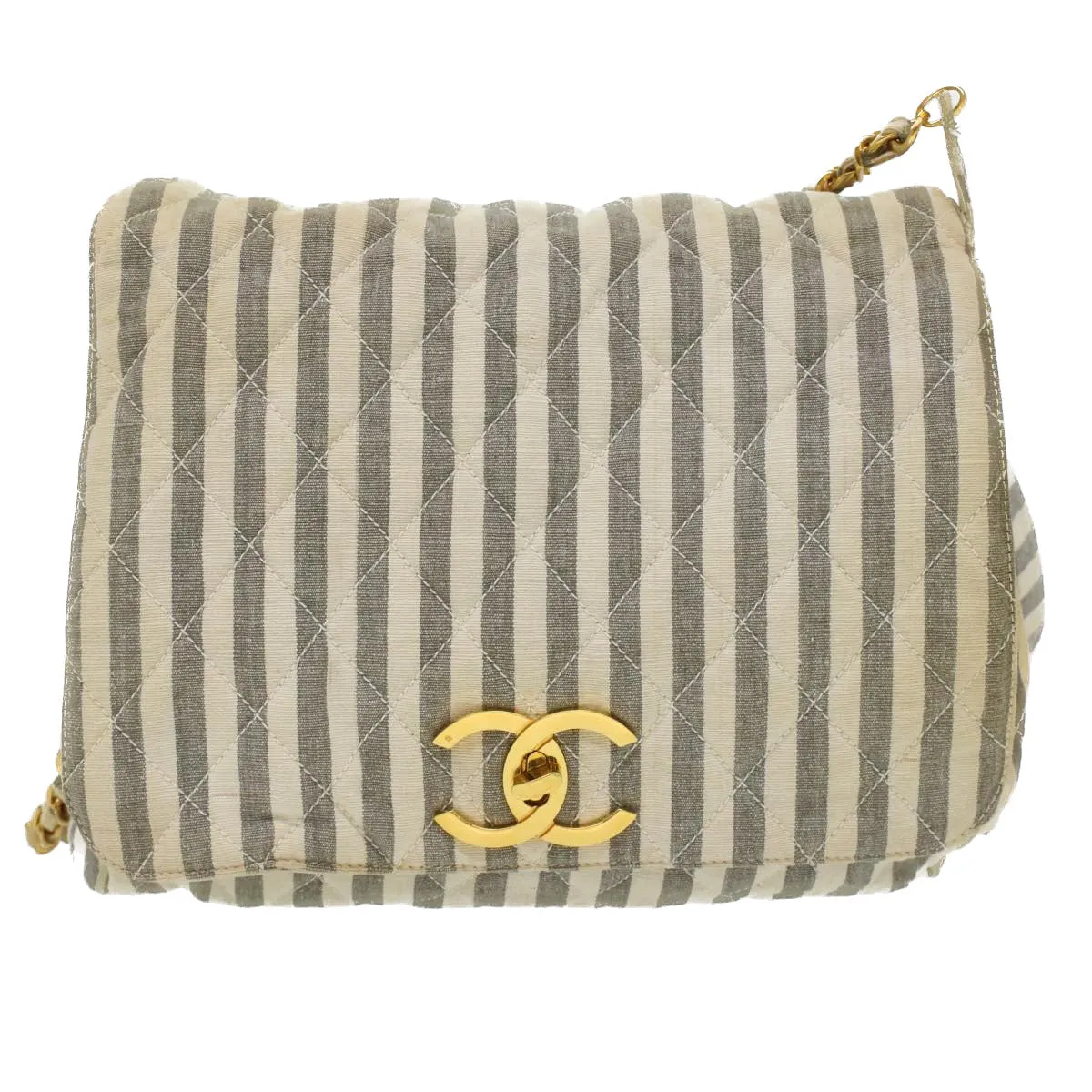 CHANEL Striped Matelasse Chain Shoulder Bag Canvas White Gray CC bs3642