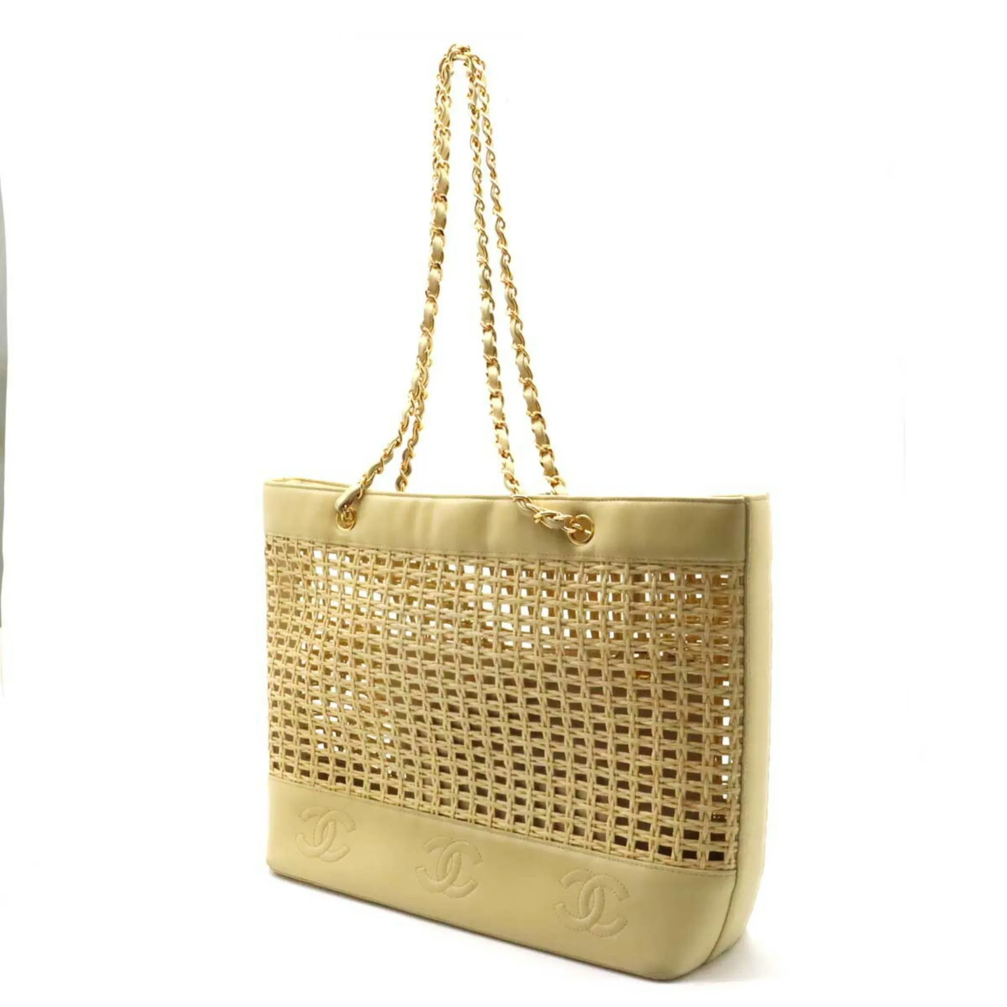 CHANEL Tote Bag Shoulder Chain Basket Straw Leather Beige Natural