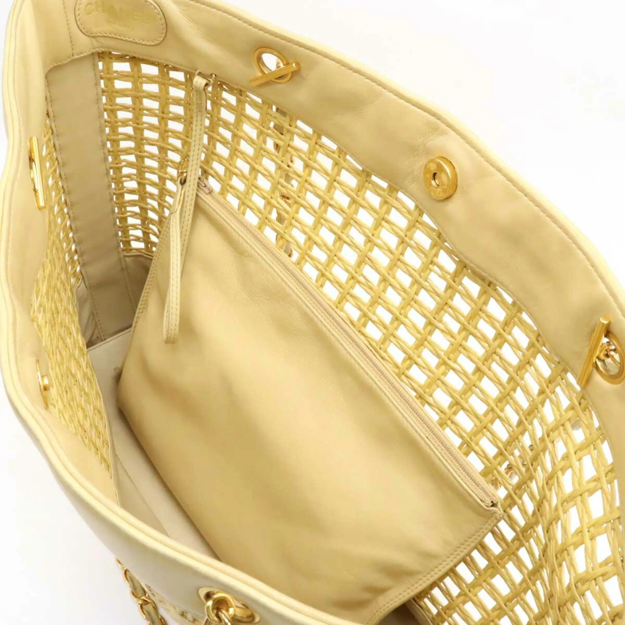 CHANEL Tote Bag Shoulder Chain Basket Straw Leather Beige Natural
