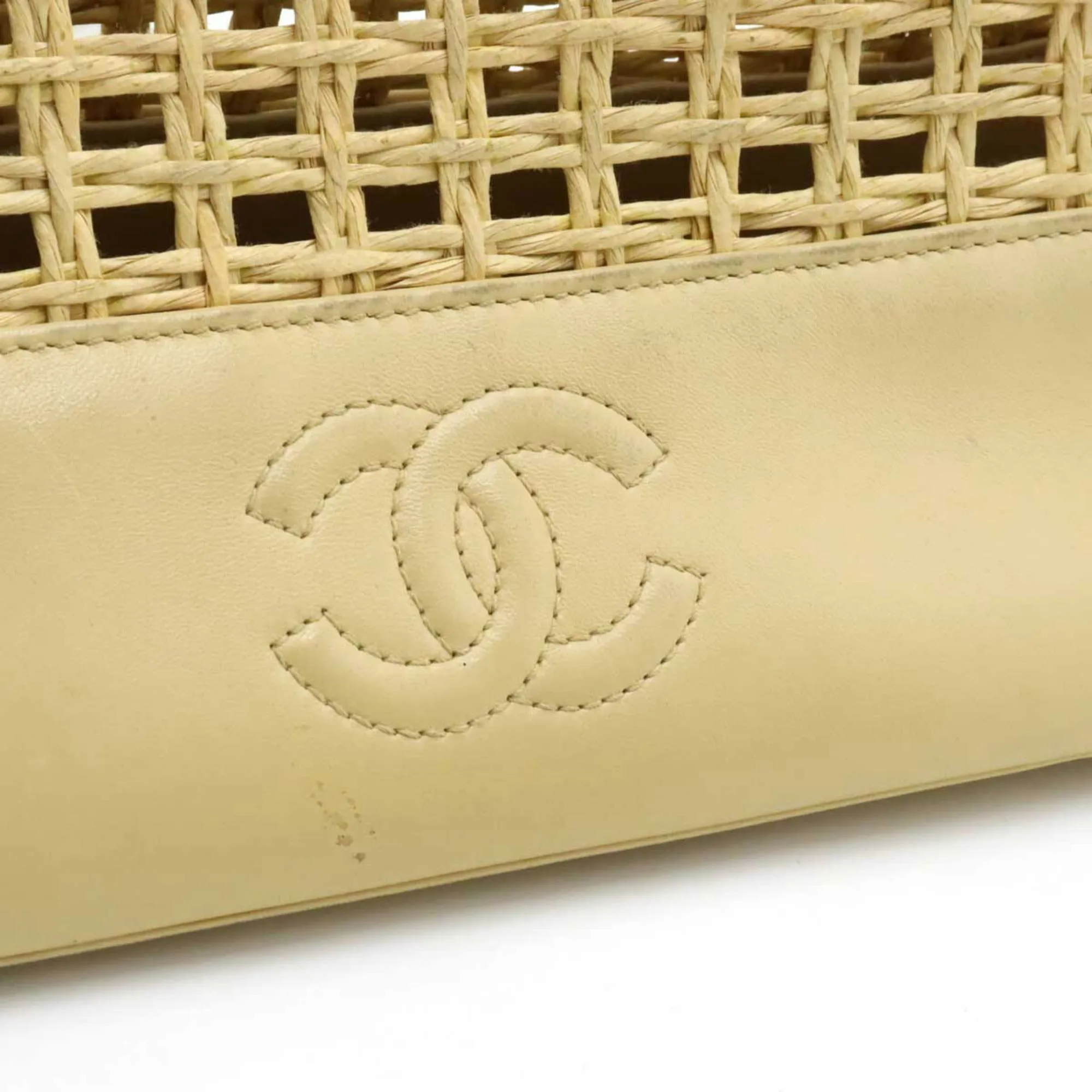 CHANEL Tote Bag Shoulder Chain Basket Straw Leather Beige Natural