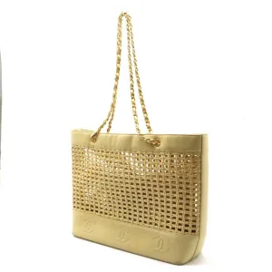 CHANEL Tote Bag Shoulder Chain Basket Straw Leather Beige Natural