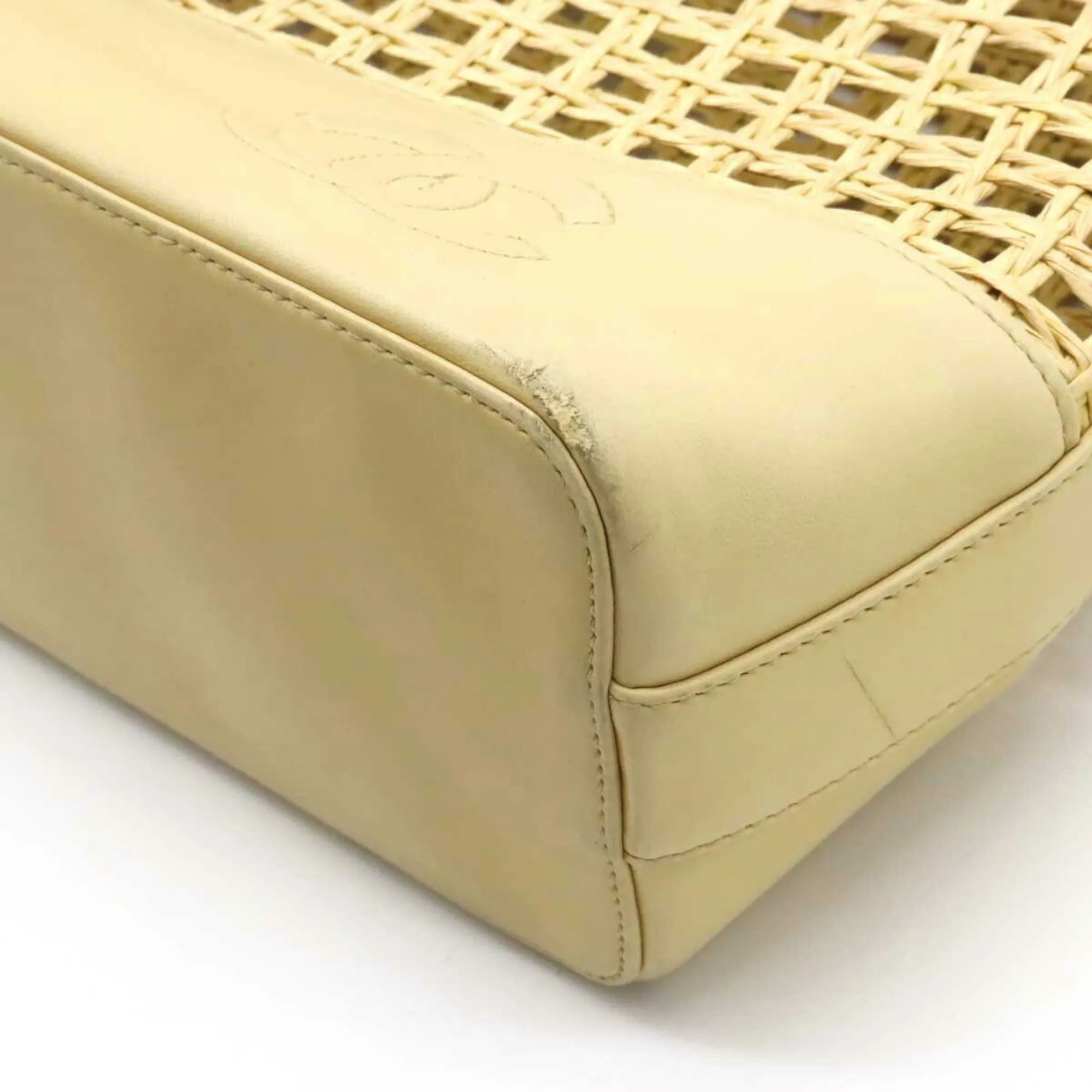 CHANEL Tote Bag Shoulder Chain Basket Straw Leather Beige Natural