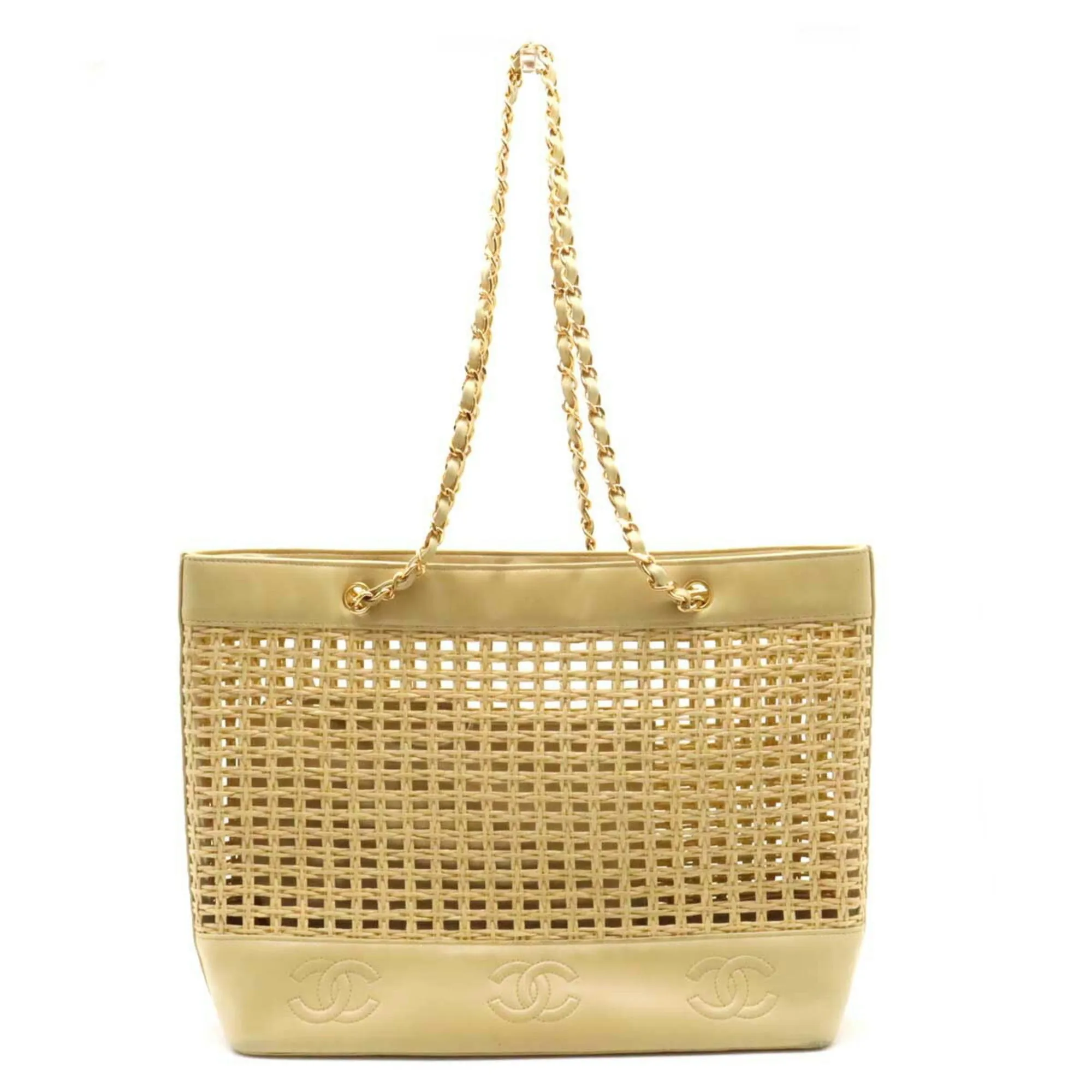 CHANEL Tote Bag Shoulder Chain Basket Straw Leather Beige Natural