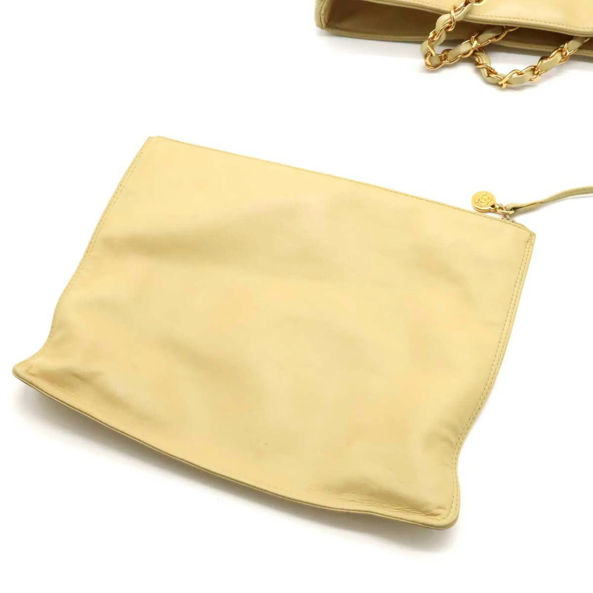 CHANEL Tote Bag Shoulder Chain Basket Straw Leather Beige Natural