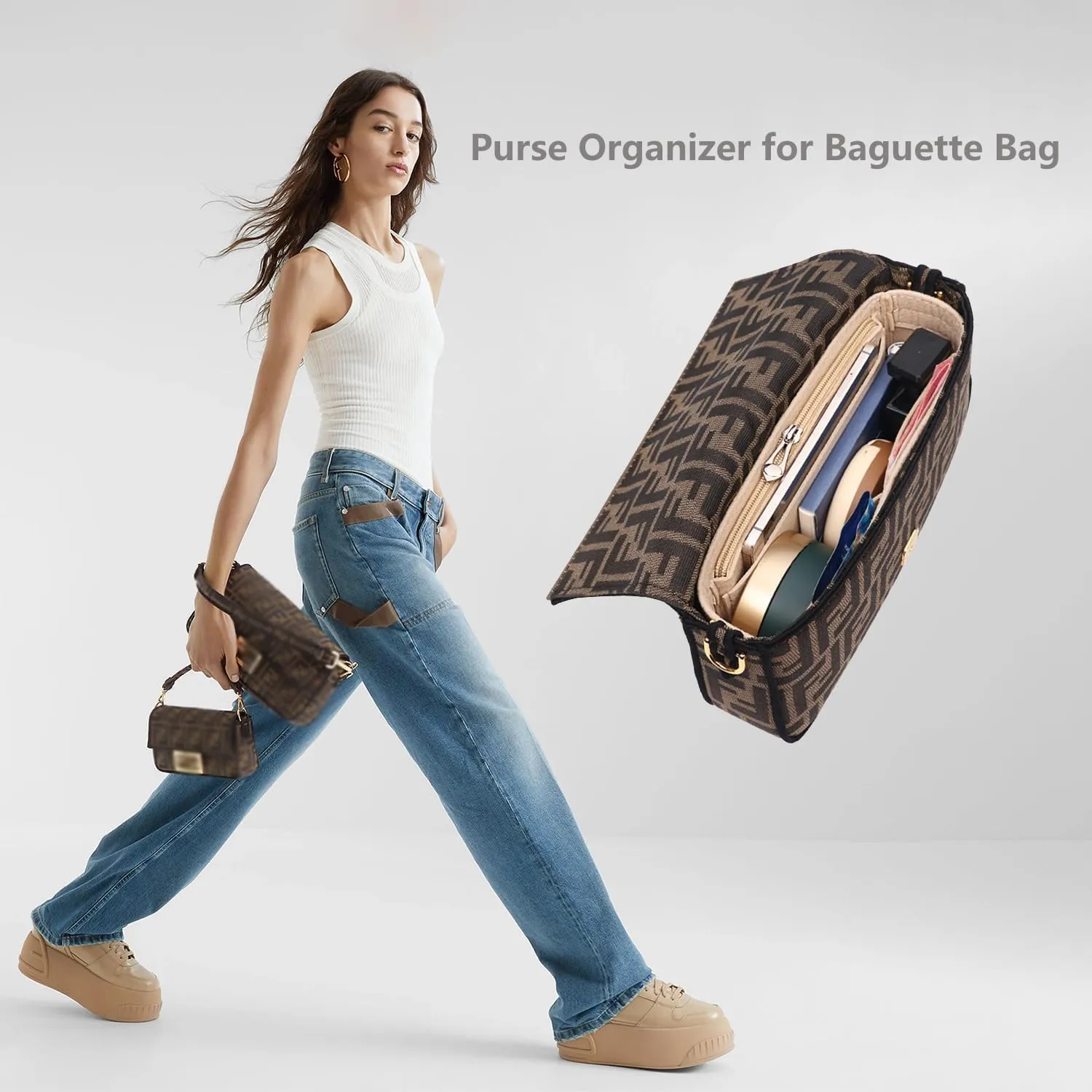 Chispee Purse Organizer Insert for Handbags, Softened Felt Insert Bag Organizer for Baguette Bag, Handbag Organizer fit for Baguette, Longchamp (Mini,Beige)