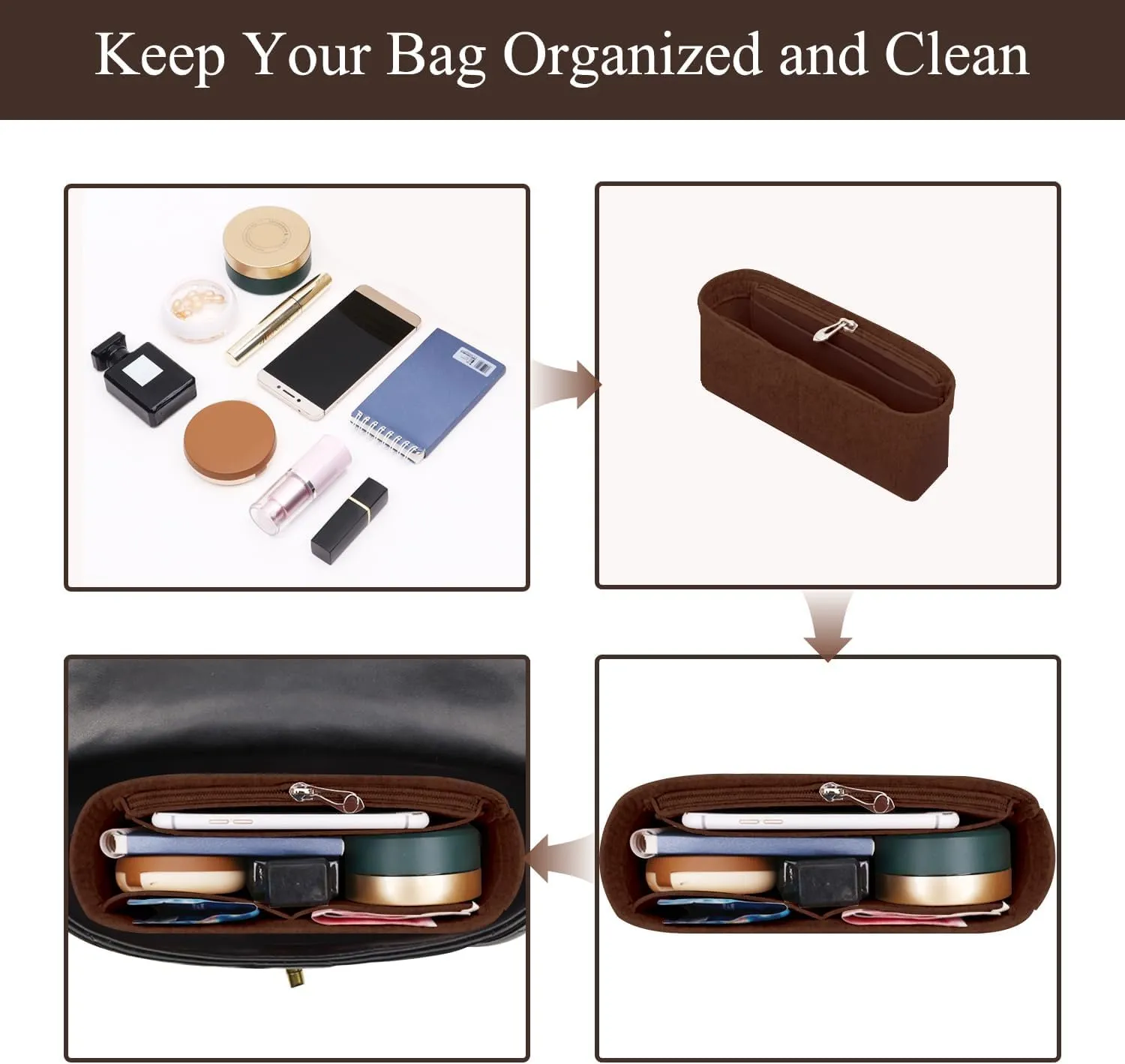 Chispee Purse Organizer Insert for Handbags, Softened Felt Insert Bag Organizer for Baguette Bag, Handbag Organizer fit for Baguette, Longchamp (Mini,Beige)