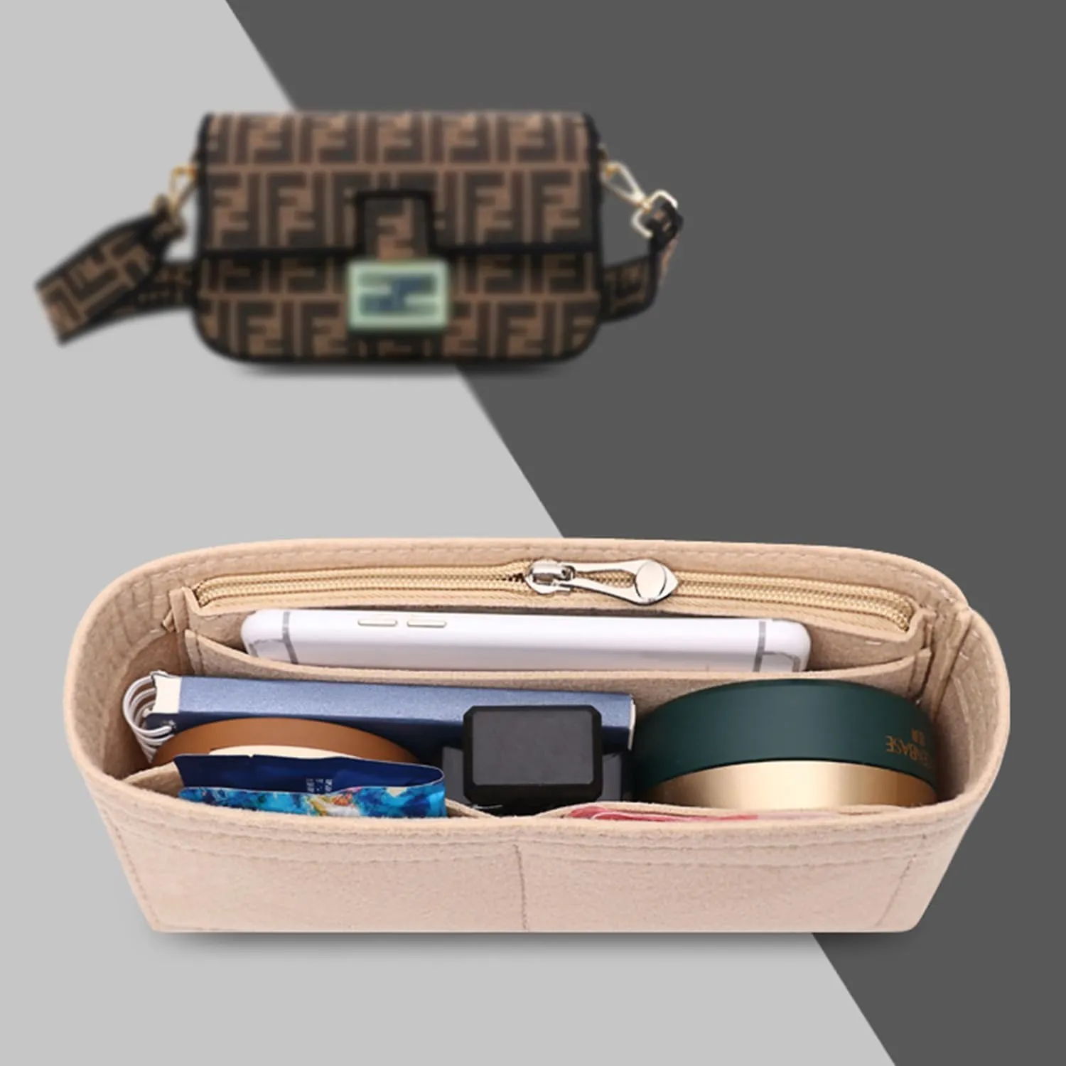 Chispee Purse Organizer Insert for Handbags, Softened Felt Insert Bag Organizer for Baguette Bag, Handbag Organizer fit for Baguette, Longchamp (Mini,Beige)