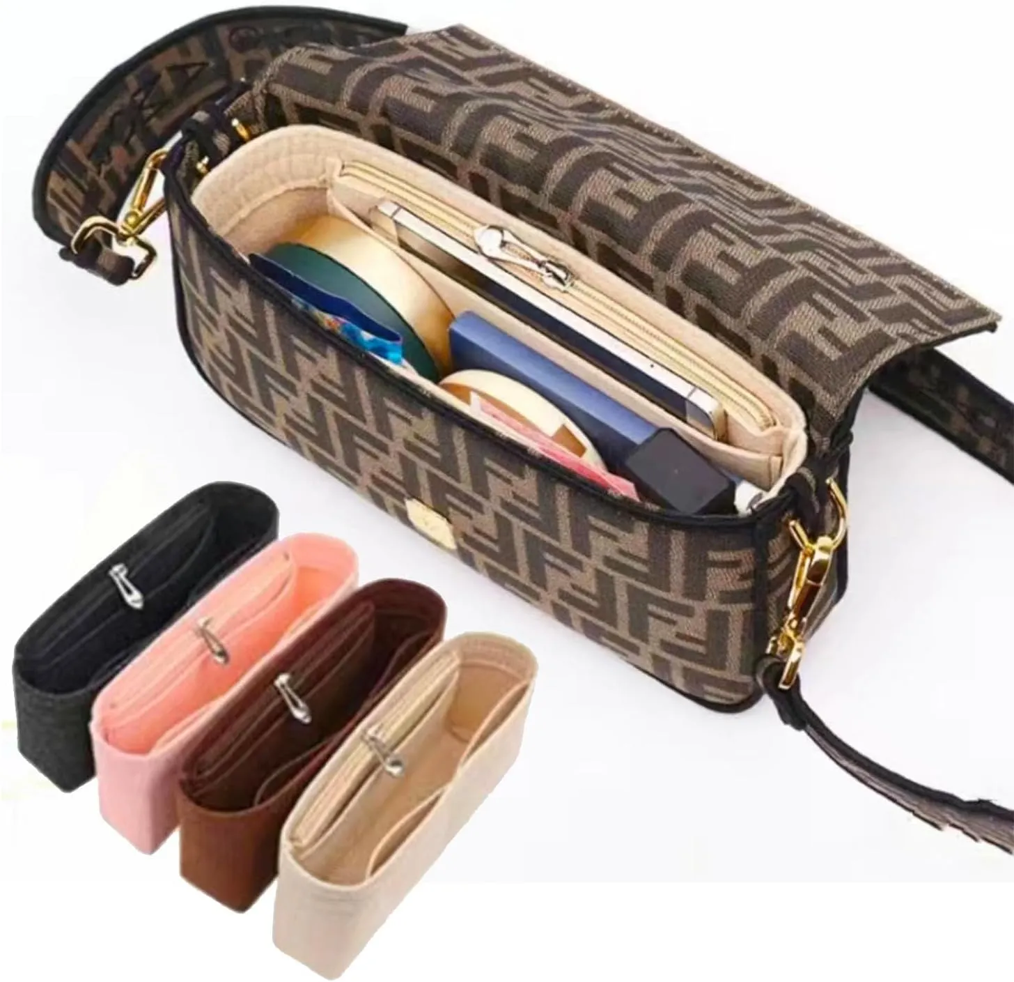 Chispee Purse Organizer Insert for Handbags, Softened Felt Insert Bag Organizer for Baguette Bag, Handbag Organizer fit for Baguette, Longchamp (Mini,Beige)