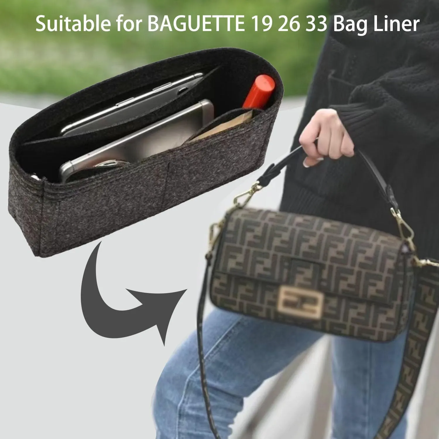 Chispee Purse Organizer Insert for Handbags, Softened Felt Insert Bag Organizer for Tote, Handbag Organizer fit for Baguette, Longchamp (Dark Grey, Medium)
