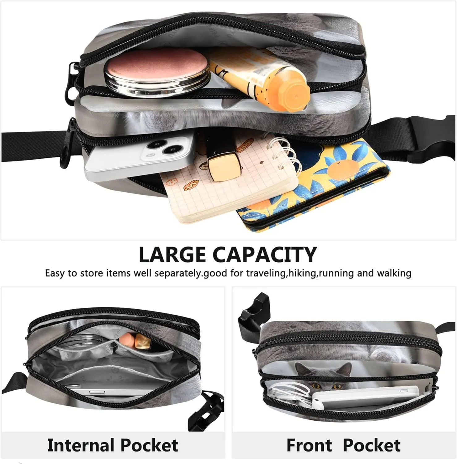 Chubby Gray Cat Relaxing Fanny Packs for Women Waterproof Large Hip Belt Bag Cute Crossbody Waist Bag