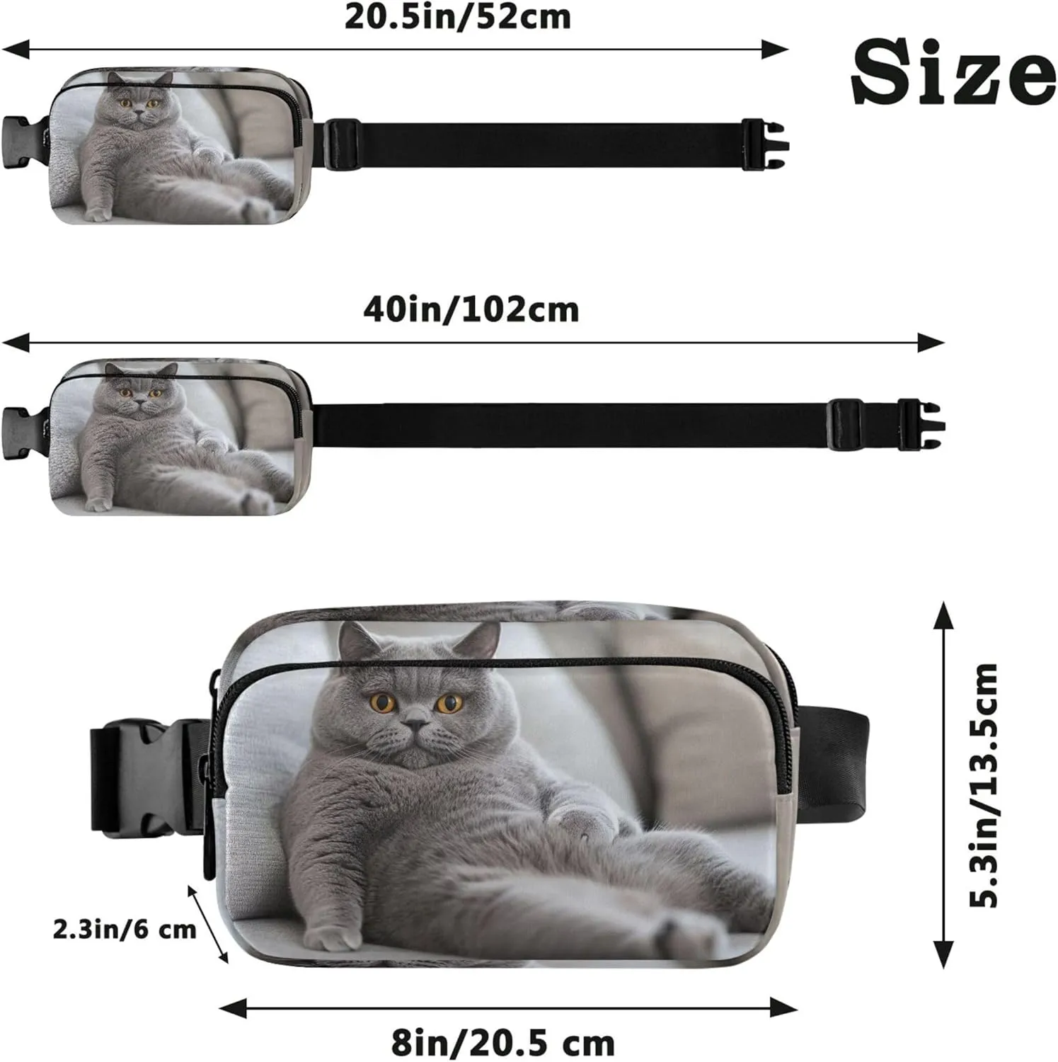 Chubby Gray Cat Relaxing Fanny Packs for Women Waterproof Large Hip Belt Bag Cute Crossbody Waist Bag