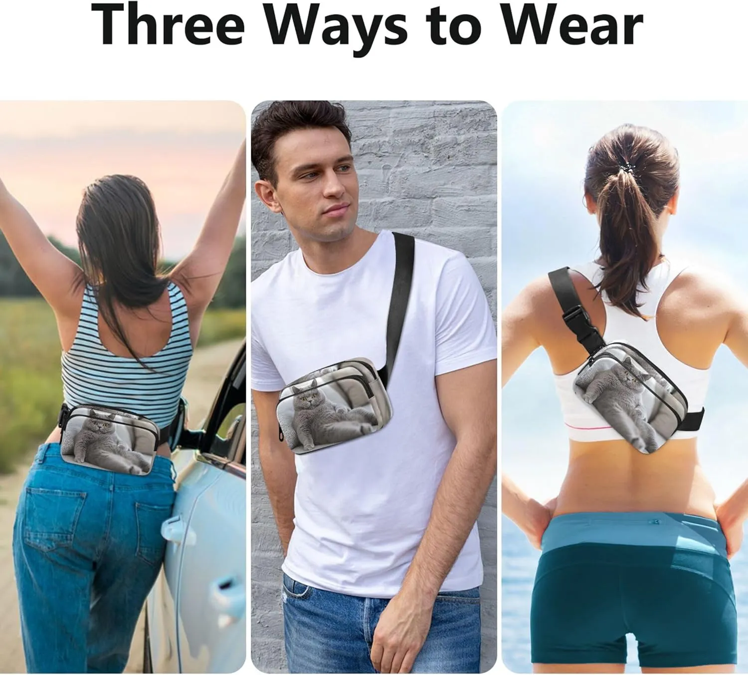 Chubby Gray Cat Relaxing Fanny Packs for Women Waterproof Large Hip Belt Bag Cute Crossbody Waist Bag
