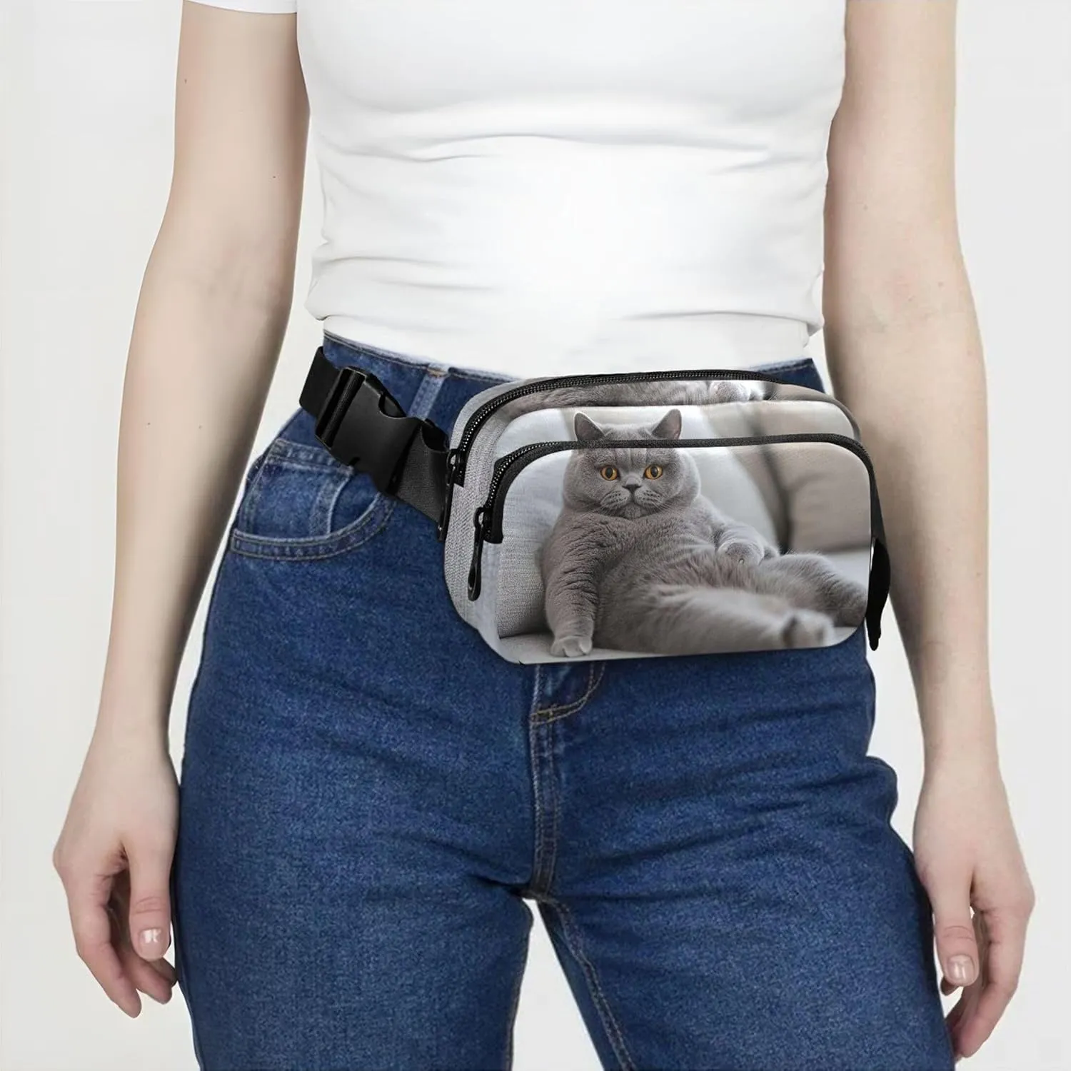 Chubby Gray Cat Relaxing Fanny Packs for Women Waterproof Large Hip Belt Bag Cute Crossbody Waist Bag