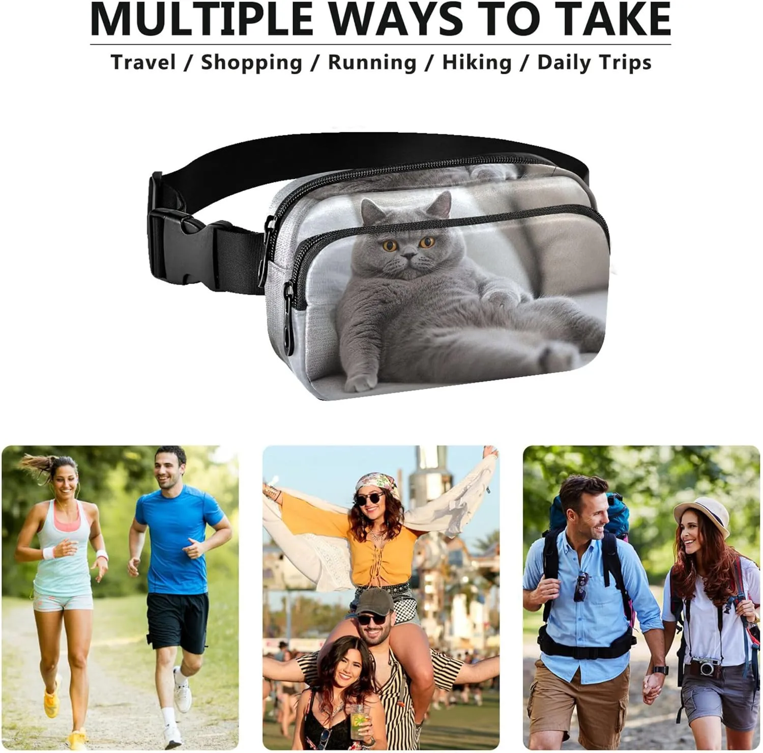 Chubby Gray Cat Relaxing Fanny Packs for Women Waterproof Large Hip Belt Bag Cute Crossbody Waist Bag