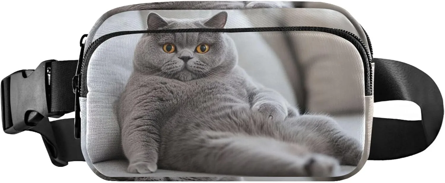 Chubby Gray Cat Relaxing Fanny Packs for Women Waterproof Large Hip Belt Bag Cute Crossbody Waist Bag