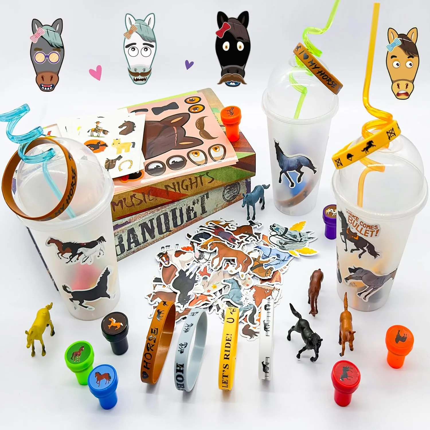 Cinrobiye 122 Pcs Horse Party Favors Set, Farmhouse Pony Birthday Supplies with Cups Straws Tattoos Stickers Bracelets Figurines Stampers, Western Party Goodie Bag Fillers, Cowboy Pinata Reawrd