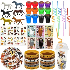 Cinrobiye 122 Pcs Horse Party Favors Set, Farmhouse Pony Birthday Supplies with Cups Straws Tattoos Stickers Bracelets Figurines Stampers, Western Party Goodie Bag Fillers, Cowboy Pinata Reawrd