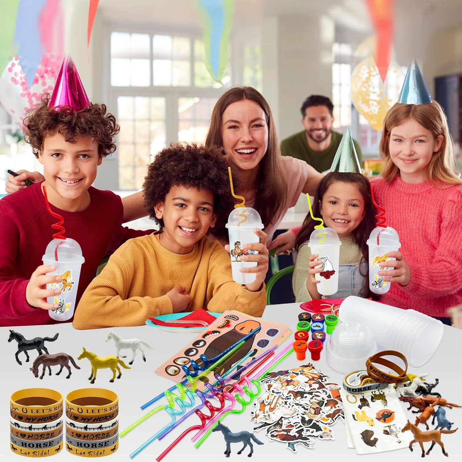 Cinrobiye 122 Pcs Horse Party Favors Set, Farmhouse Pony Birthday Supplies with Cups Straws Tattoos Stickers Bracelets Figurines Stampers, Western Party Goodie Bag Fillers, Cowboy Pinata Reawrd