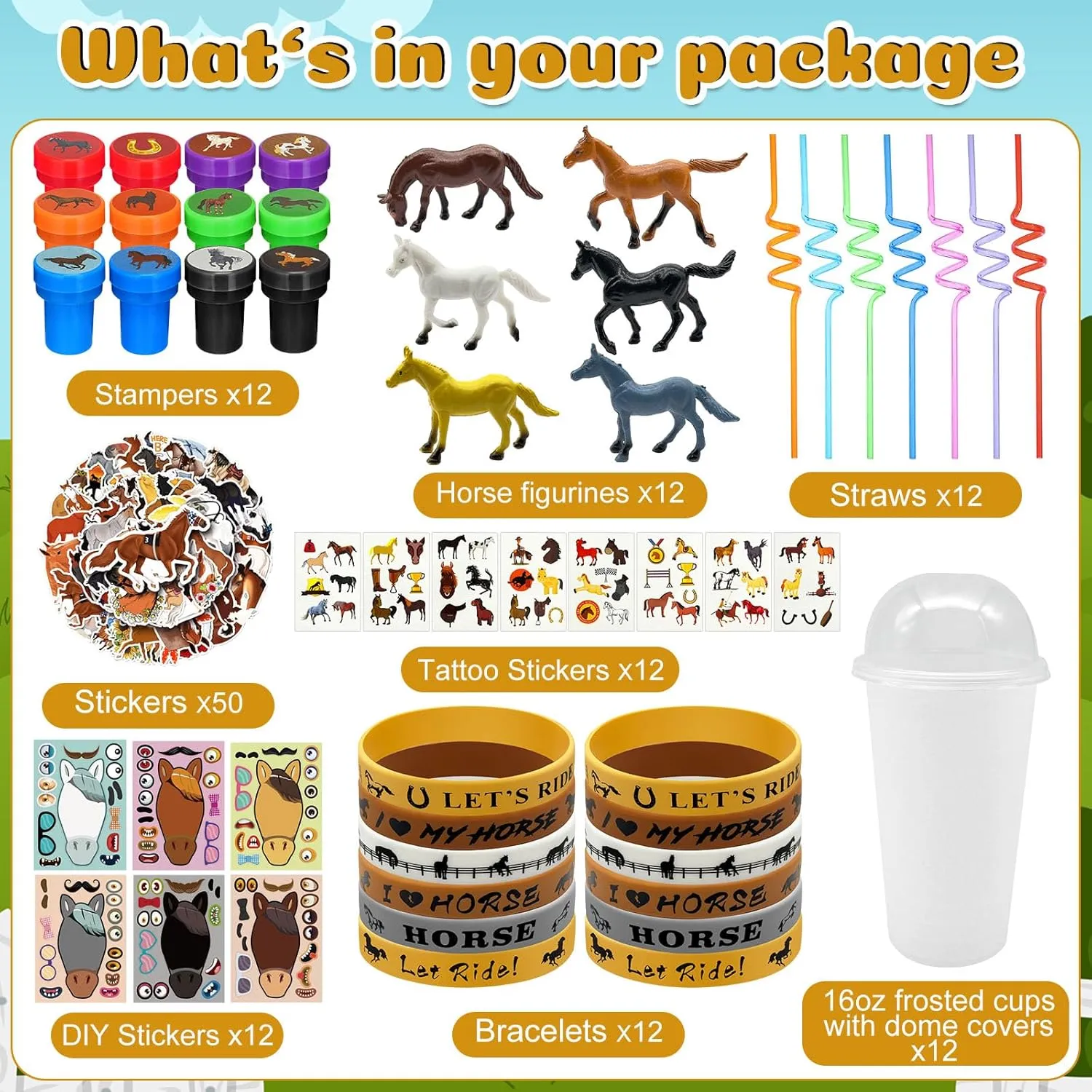 Cinrobiye 122 Pcs Horse Party Favors Set, Farmhouse Pony Birthday Supplies with Cups Straws Tattoos Stickers Bracelets Figurines Stampers, Western Party Goodie Bag Fillers, Cowboy Pinata Reawrd