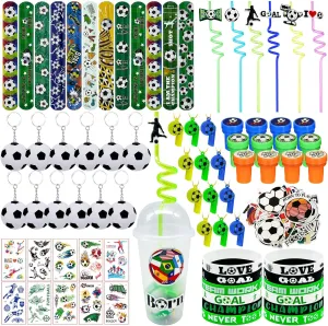 Cinrobiye 146 Pcs Soccer Party Favors, Sports Birthday Party Supplies with Cup Straw Soccer Keychain Tattoo Sticker Slap Bracelet Whistle Stamper Treat Bag Fillers for Classroom Rewards & Soccer Party