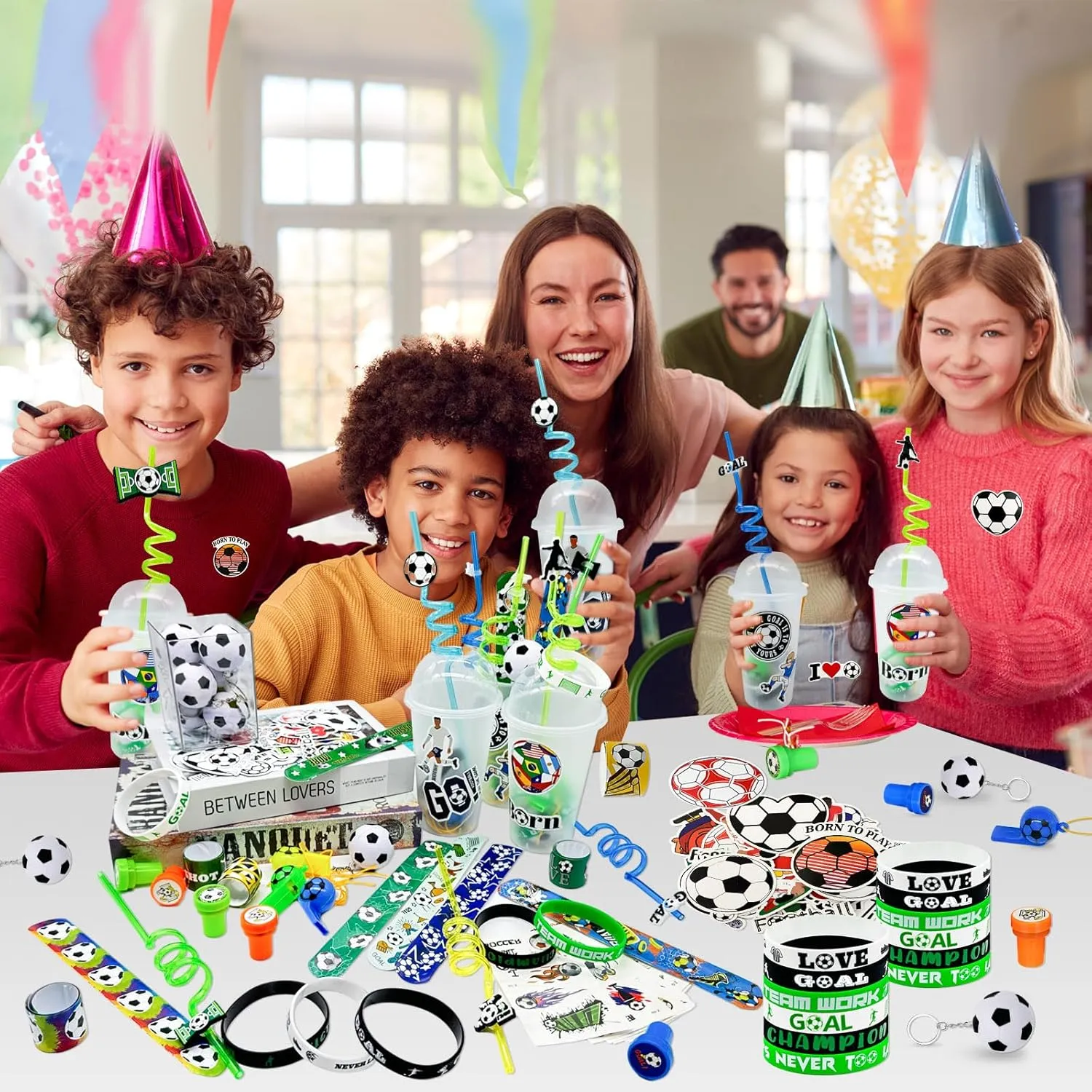 Cinrobiye 146 Pcs Soccer Party Favors, Sports Birthday Party Supplies with Cup Straw Soccer Keychain Tattoo Sticker Slap Bracelet Whistle Stamper Treat Bag Fillers for Classroom Rewards & Soccer Party