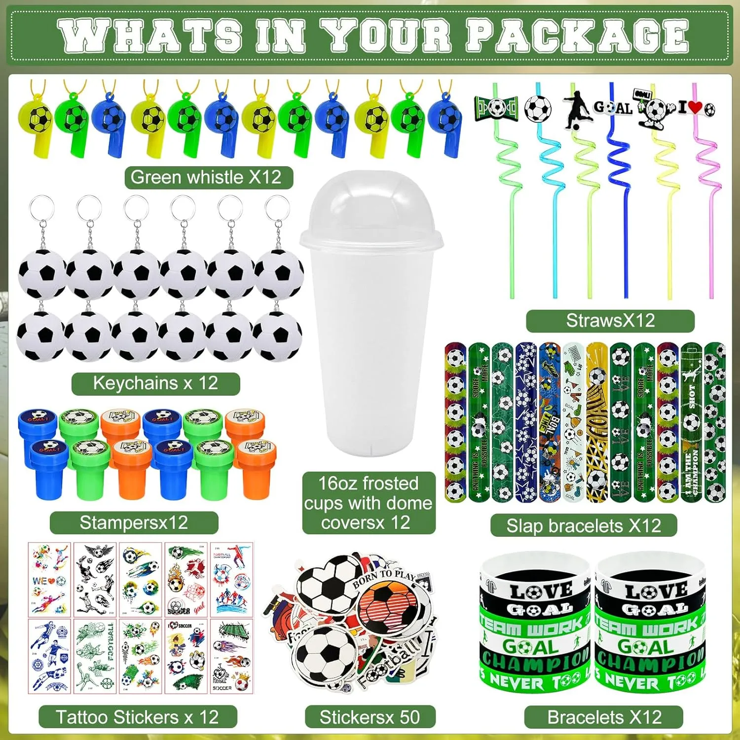 Cinrobiye 146 Pcs Soccer Party Favors, Sports Birthday Party Supplies with Cup Straw Soccer Keychain Tattoo Sticker Slap Bracelet Whistle Stamper Treat Bag Fillers for Classroom Rewards & Soccer Party