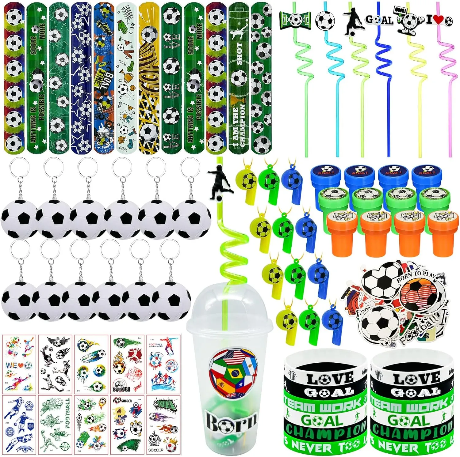 Cinrobiye 146 Pcs Soccer Party Favors, Sports Birthday Party Supplies with Cup Straw Soccer Keychain Tattoo Sticker Slap Bracelet Whistle Stamper Treat Bag Fillers for Classroom Rewards & Soccer Party