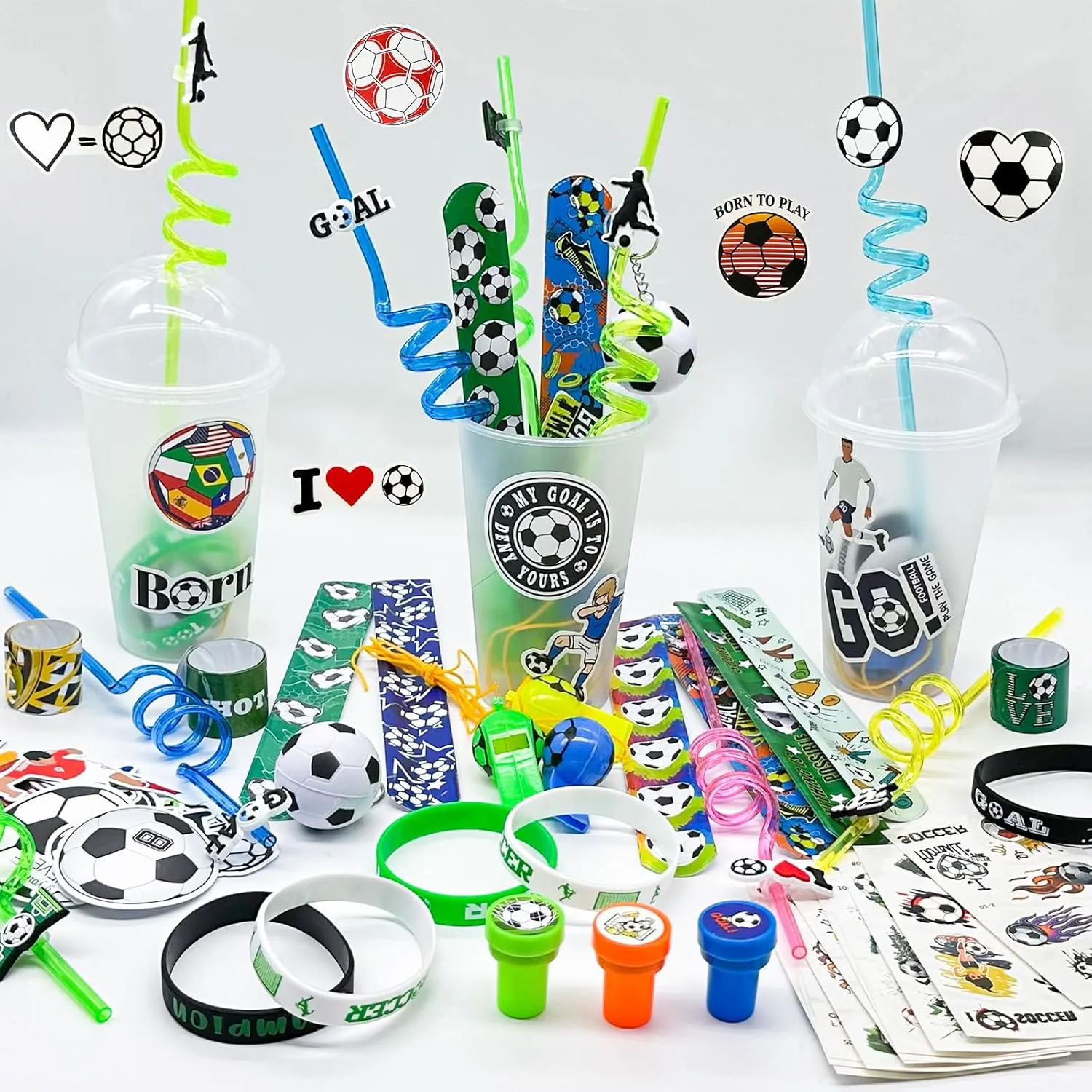 Cinrobiye 146 Pcs Soccer Party Favors, Sports Birthday Party Supplies with Cup Straw Soccer Keychain Tattoo Sticker Slap Bracelet Whistle Stamper Treat Bag Fillers for Classroom Rewards & Soccer Party