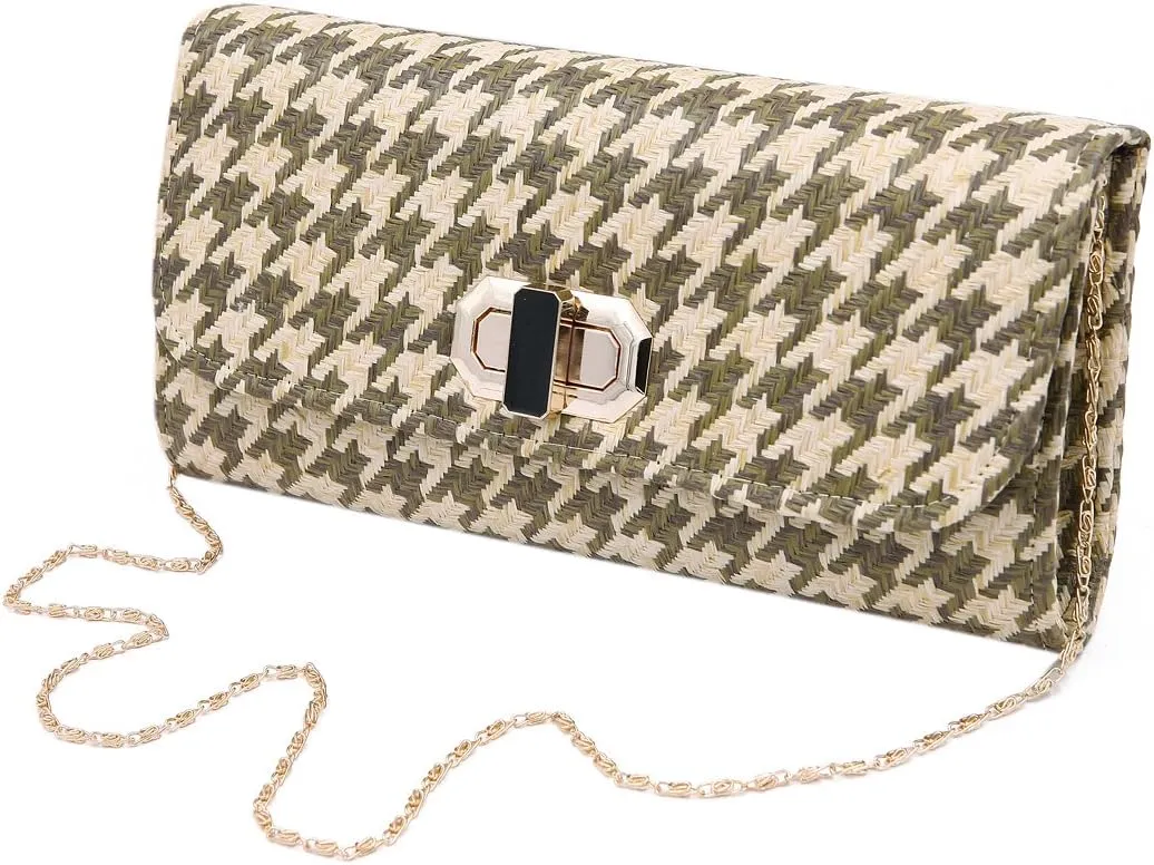 Classic Houndstooth Turnlock Flap Straw Clutch Bag Handbag - Diff Colors