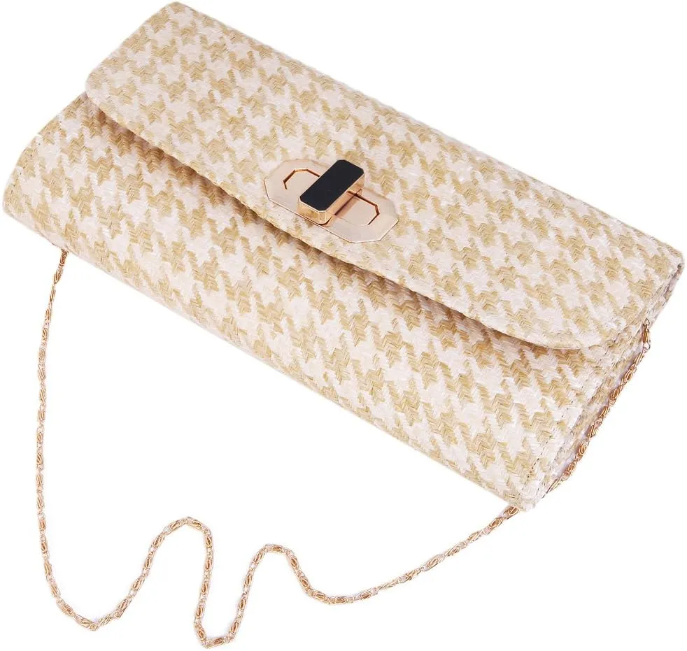 Classic Houndstooth Turnlock Flap Straw Clutch Bag Handbag - Diff Colors
