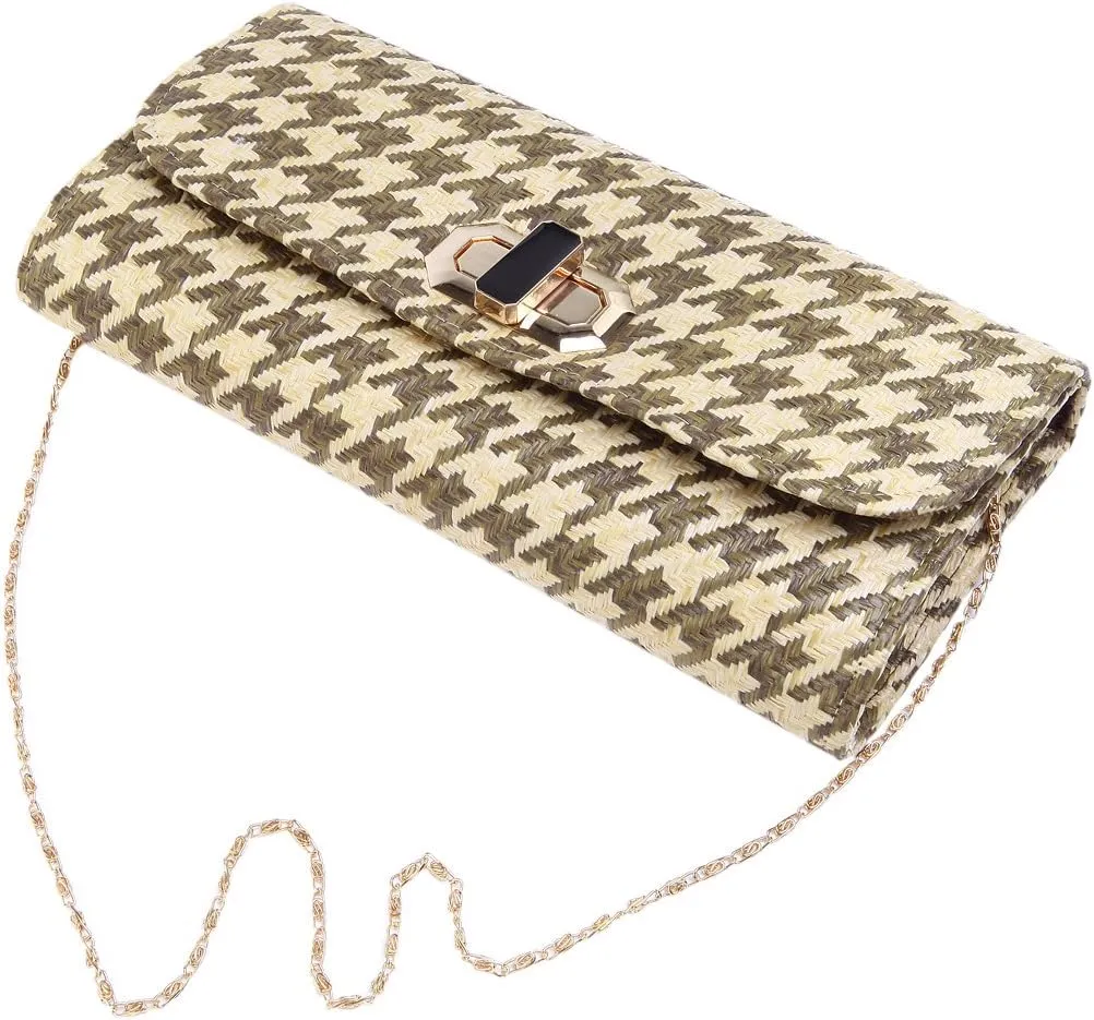 Classic Houndstooth Turnlock Flap Straw Clutch Bag Handbag - Diff Colors