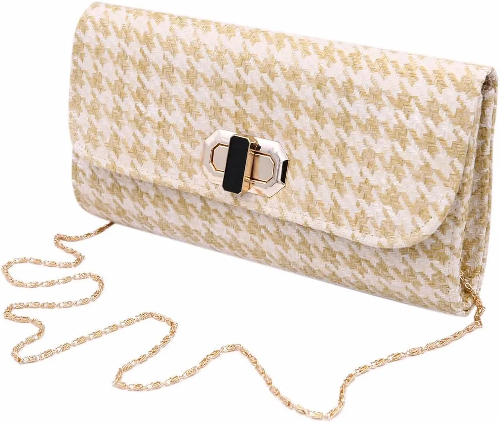 Classic Houndstooth Turnlock Flap Straw Clutch Bag Handbag - Diff Colors